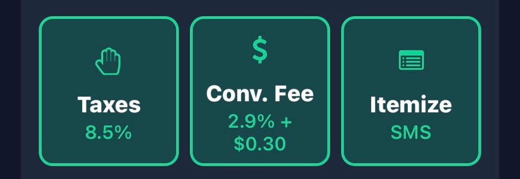 PayXT dashboard tiles for tax, convenience fee, and SMS itemized invoicing